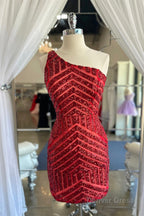 Tight One Shoulder Hot Pink Sequins Homecoming Dresses