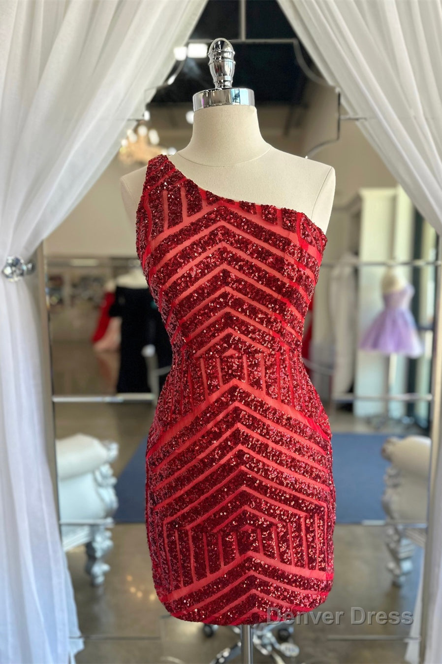 Tight One Shoulder Hot Pink Sequins Homecoming Dresses