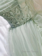 Zoom Light Green Tulle Beaded Sweetheart Long Prom Dresses, A-Line Green Formal Dresses