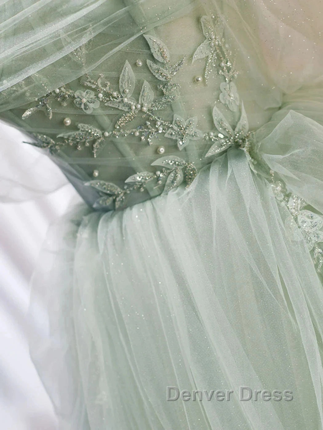 Zoom Light Green Tulle Beaded Sweetheart Long Prom Dresses, A-Line Green Formal Dresses