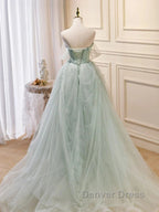 Zoom Light Green Tulle Beaded Sweetheart Long Prom Dresses, A-Line Green Formal Dresses
