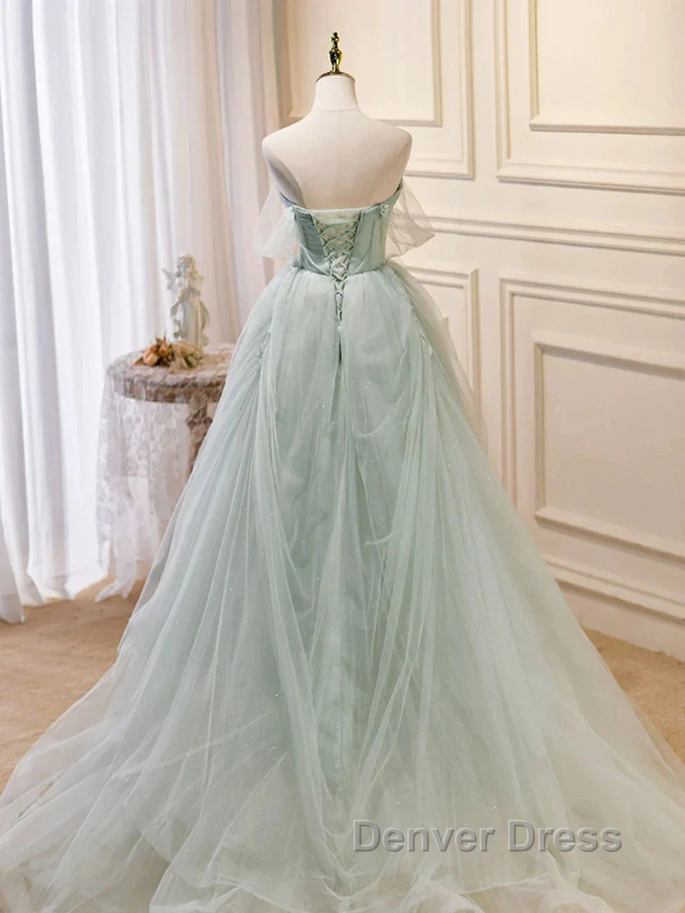Zoom Light Green Tulle Beaded Sweetheart Long Prom Dresses, A-Line Green Formal Dresses