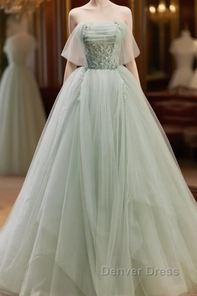 Zoom Light Green Tulle Beaded Sweetheart Long Prom Dresses, A-Line Green Formal Dresses Main image