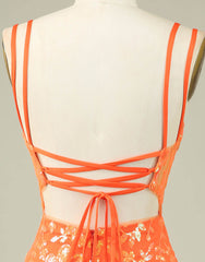 Orange Double Spaghetti Straps Glitter SequinTight Homecoming Dress