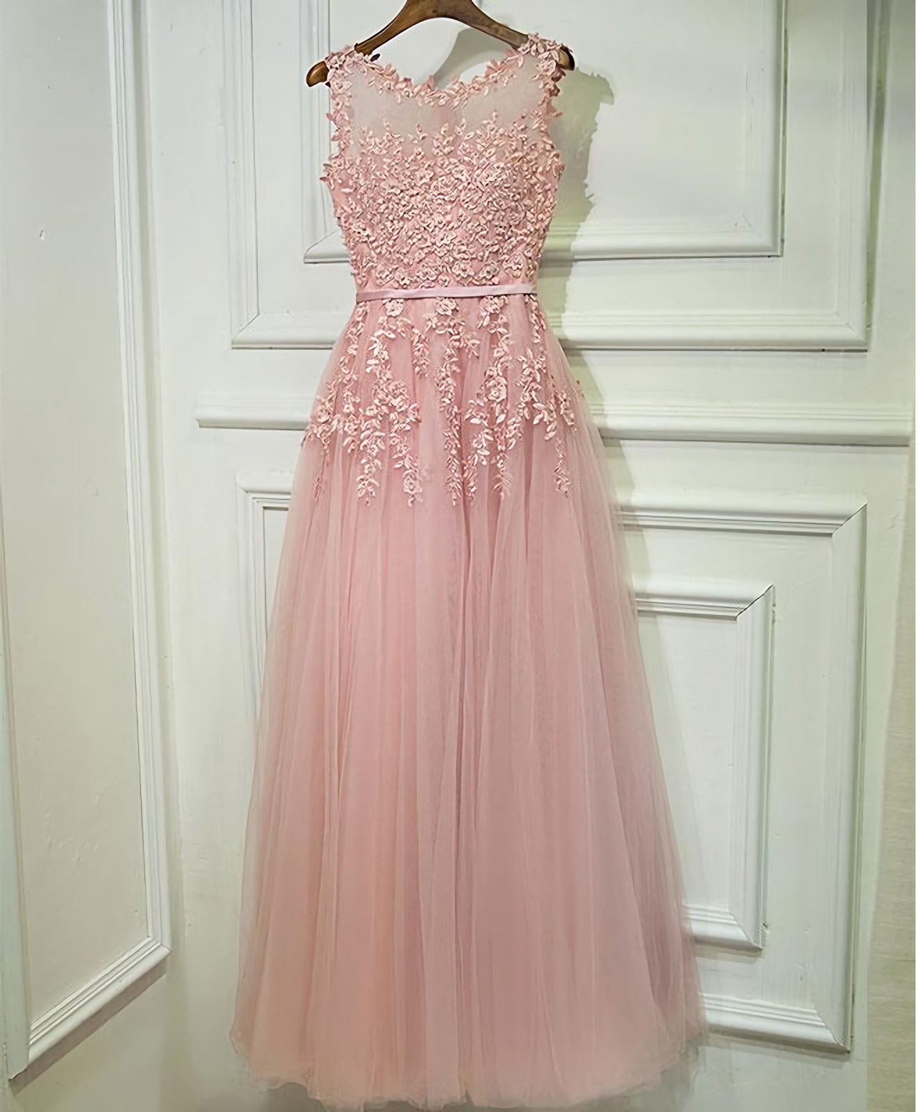 Pink Lace Tulle Long A Line Prom Dress, Pink Evening Dress, 1