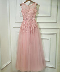 Pink Lace Tulle Long A Line Prom Dress, Pink Evening Dress, 1