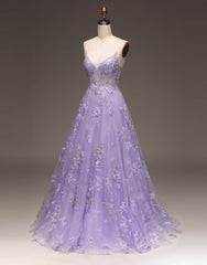 Romantic A-Line Purple Long Glitter Prom Dress With Appliques