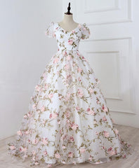 White V Neck 3D Flowers Long Prom Dress, White Evening Dress
