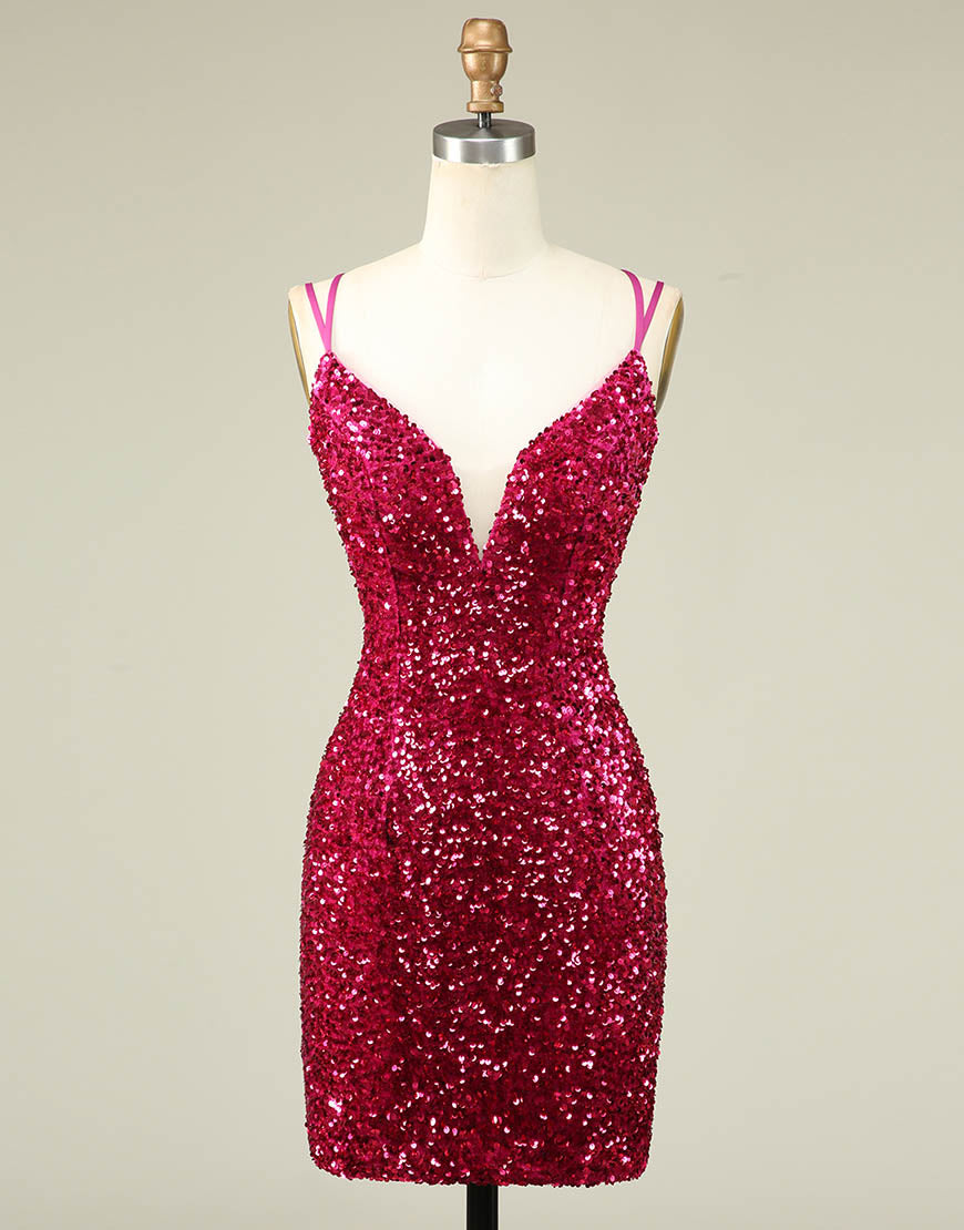Sparkly Sequin Double Spaghetti Straps Tight Homecoming Dress