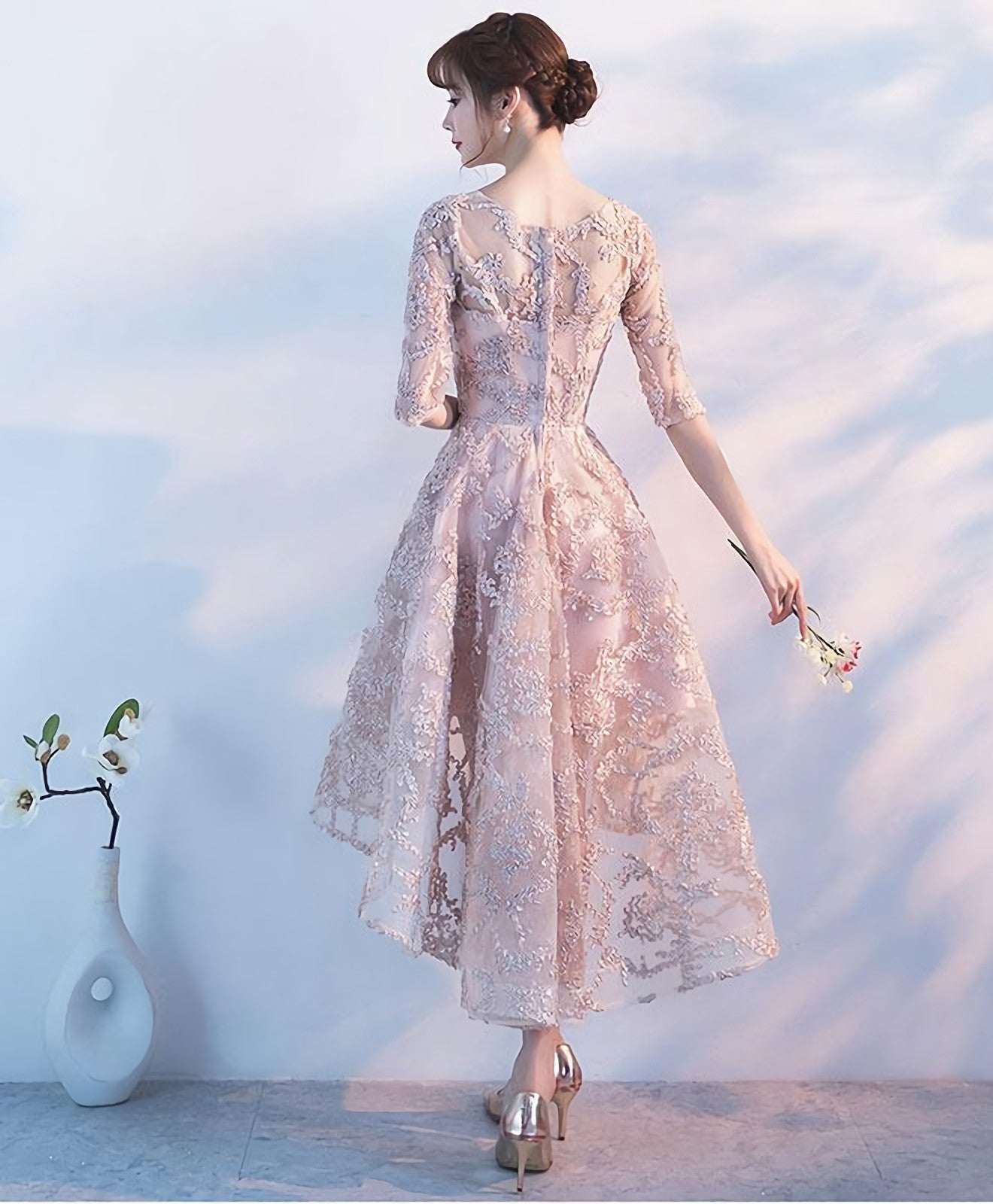 Champagne 1 2 Sleeve High Low Short Prom Dress Homecoming Dress Secondary image