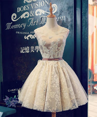 Cute Champagne Lace Short Prom Dress, Cheap Evening Dress
