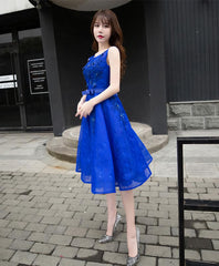 Royal Blue Lace A Line Short Prom Dress, Evening Dress