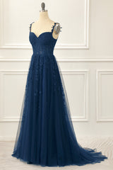 Navy Tulle A Line Corset Prom Dress with Appliques