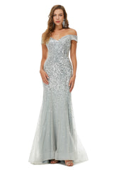 Rochii de seară de sirenă de umăr, rochie luxoasă de margele de argint rochie formală de bal