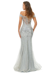 Off Shoulder Mermaid Evening Dresses, Luxurious Silver Bead Trumpet Formal Prom Dress