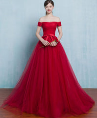 Red A Line Tulle Long Prom Gown Cheap Evening Dress