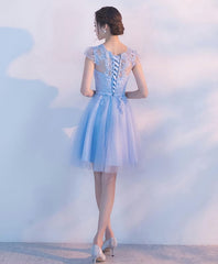 Light Blue A Line Tulle Lace Short Prom Dress, Homecoming Dress