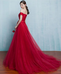 Red A Line Tulle Long Prom Gown Cheap Evening Dress