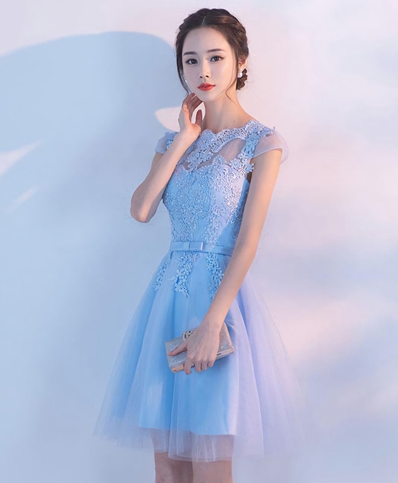 Light Blue A Line Tulle Lace Short Prom Dress, Homecoming Dress