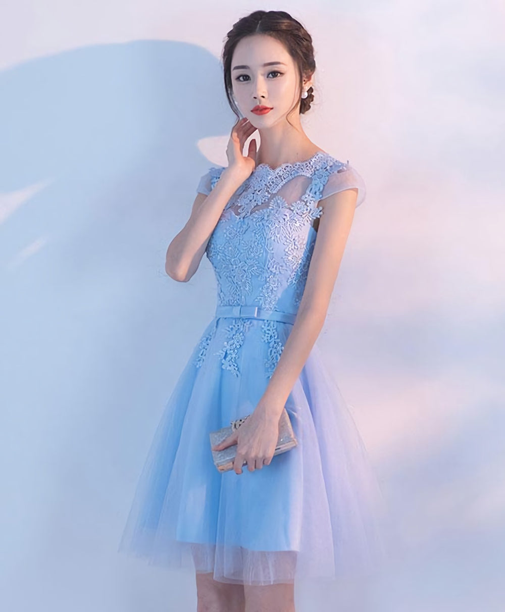 Light Blue A Line Tulle Lace Short Prom Dress, Homecoming Dress