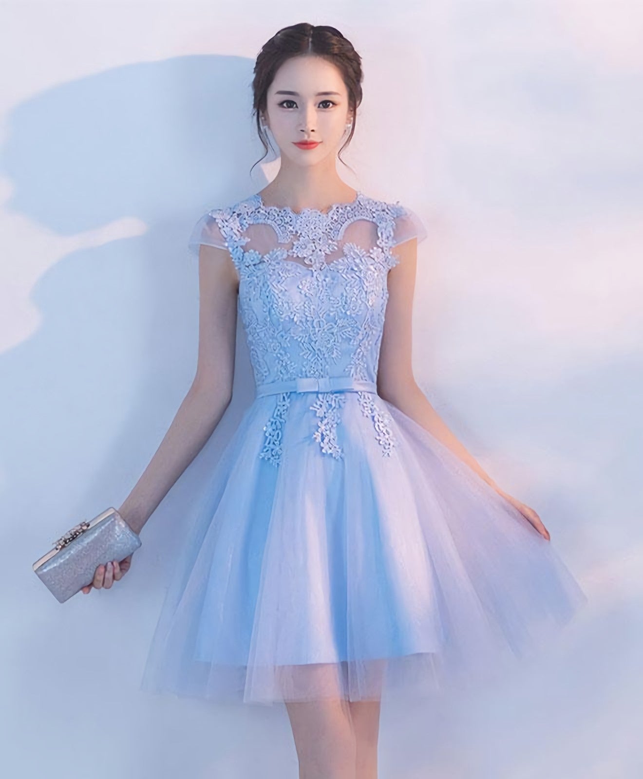 Light Blue A Line Tulle Lace Short Prom Dress, Homecoming Dress Main image