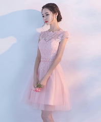 Pink A Line Tulle Lace Short Prom Dress, Homecoming Dress, 1