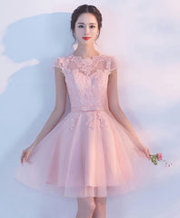 Pink A Line Tulle Lace Short Prom Dress, Homecoming Dress, 1