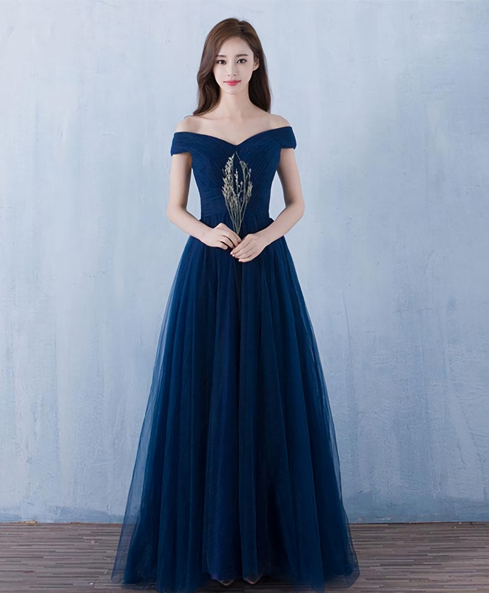 Blue V Neck Tulle A Line Long Prom Dress, Cheap Evening Dress