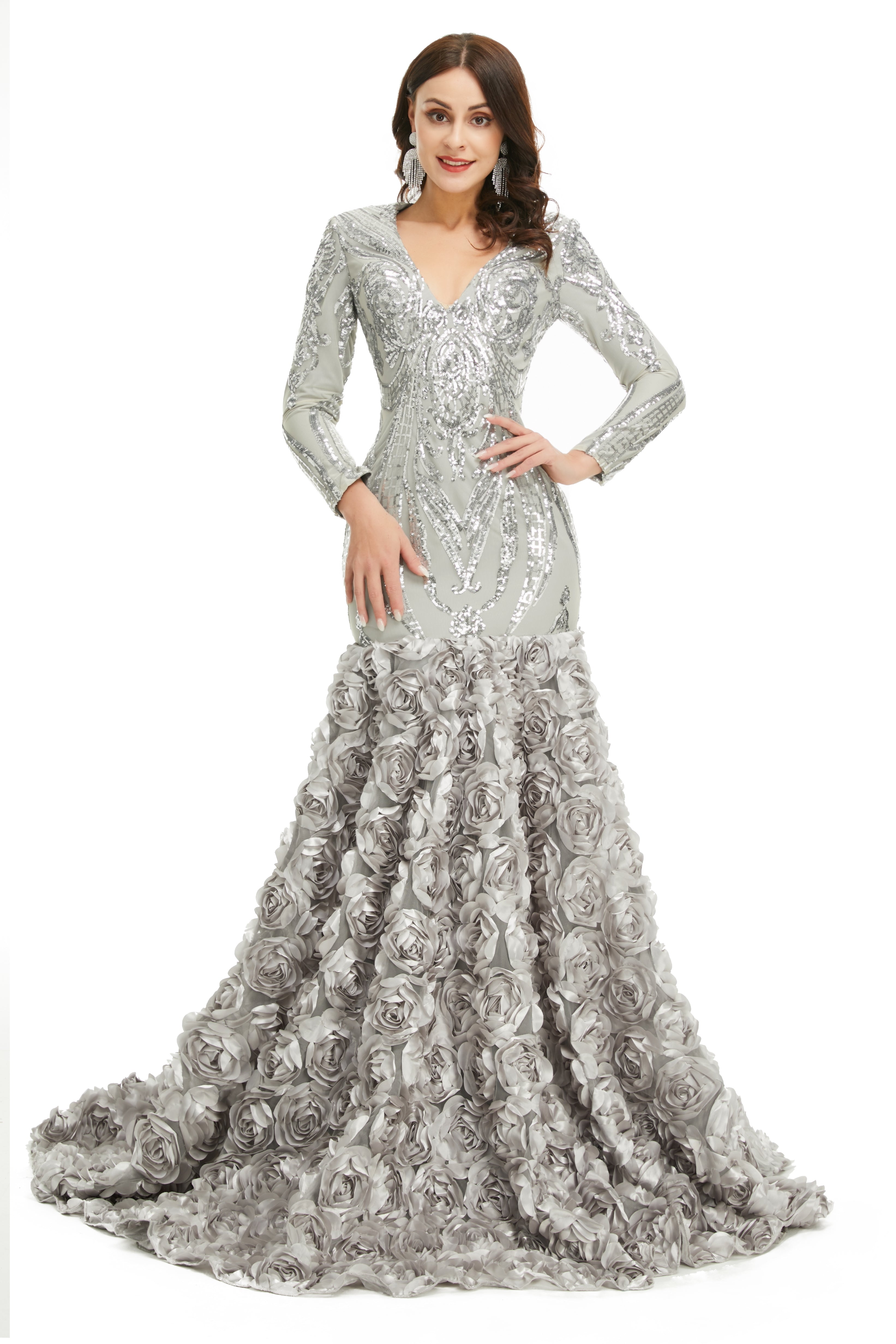 Prom Dresses, Long V Neck Prom Gowns Full Sleeve Formal Dresses, Floor Length Dresses, 2023