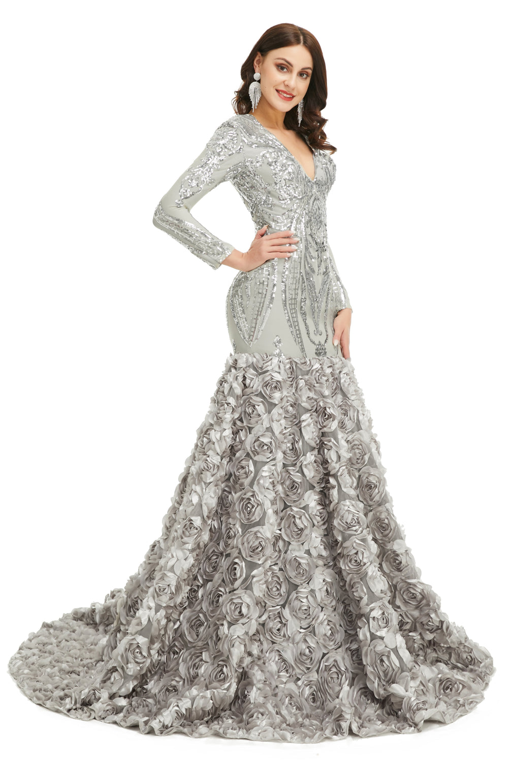 Prom Dresses, Long V Neck Prom Gowns Full Sleeve Formal Dresses, Floor Length Dresses, 2023