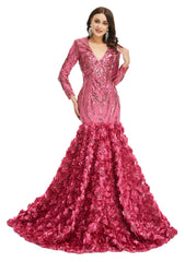 Long Prom Dresses, 2024 V Neck Prom Gowns Full Sleeve Formal Dresses, Floor Length Dresses