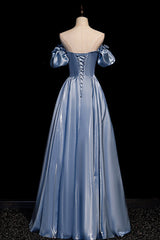 Cute Satin Long Prom Dresses, Blue Short Sleeve A-Line Evening Dresses