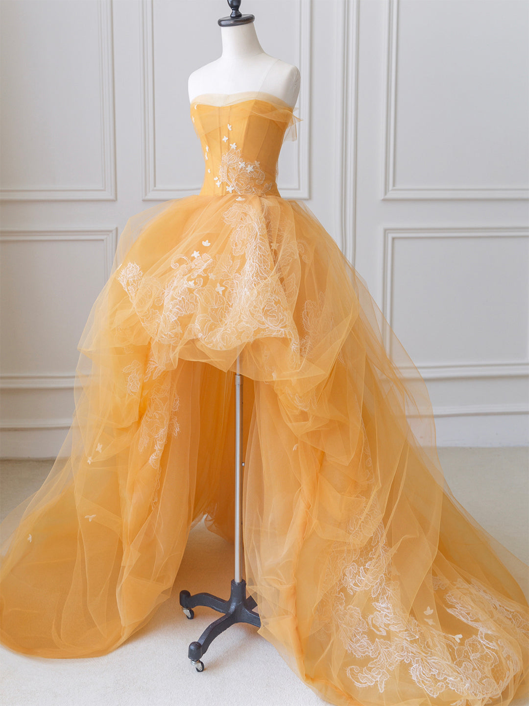 Orange Tulle Lace Long High Low Prom Dress, A-Line Strapless Evening Dress