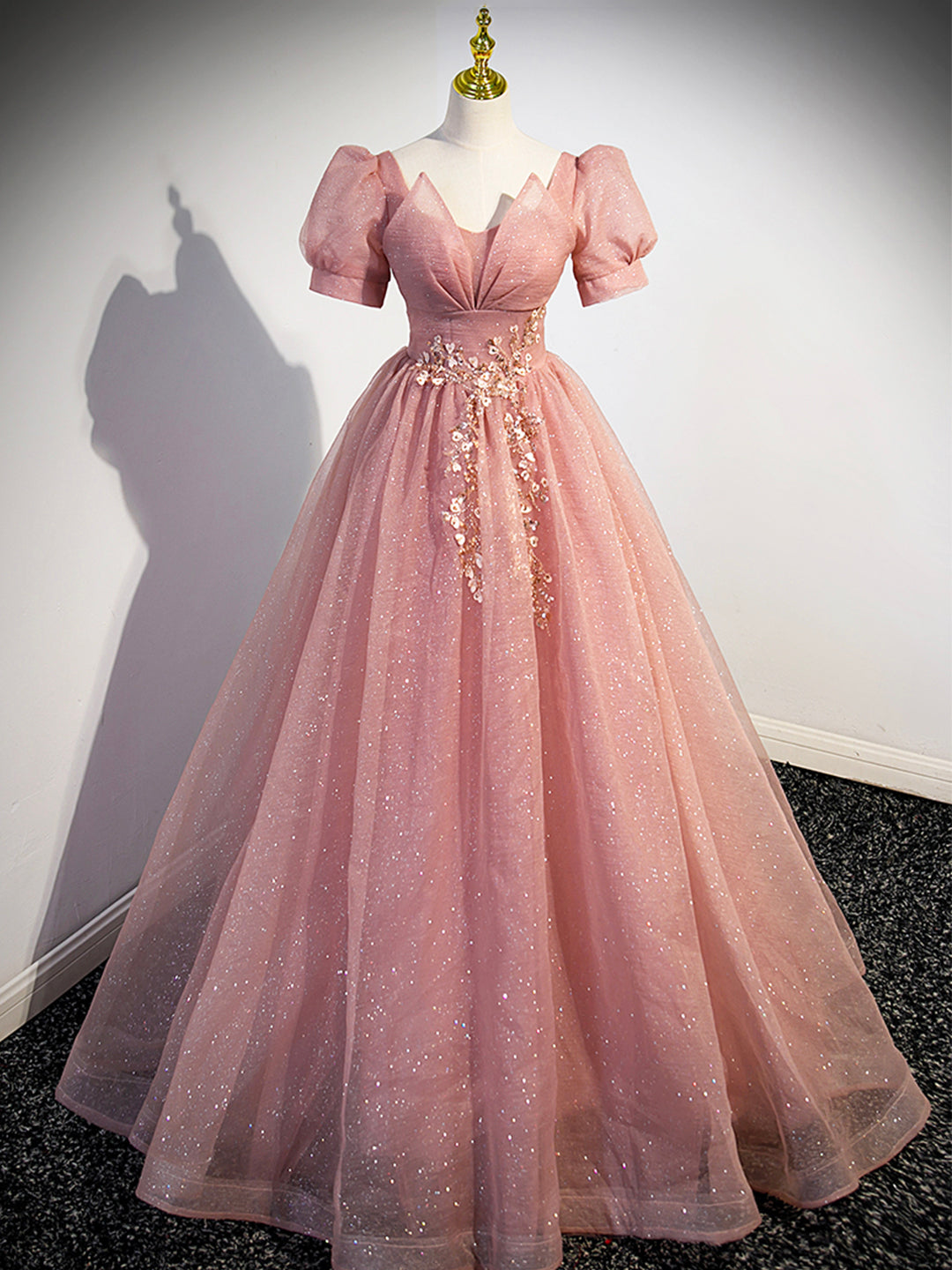 Pink Tulle Floor Length Prom Dress with Short Sleeve, Beautiful A-Line Evening Dress