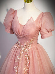 Pink Tulle Floor Length Prom Dress with Short Sleeve, Beautiful A-Line Evening Dress