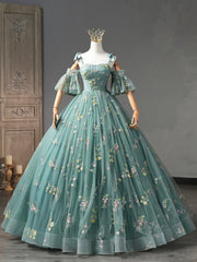 Green Floral Tulle Long Prom Dress, Cute Off Shoulder Evening Party Dress