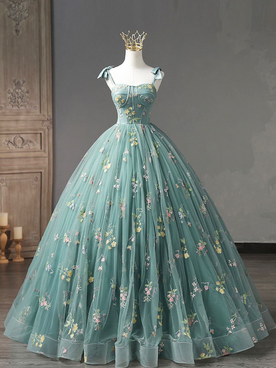 Green Floral Tulle Long Prom Dress, Cute Off Shoulder Evening Party Dress
