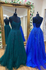 Cute Tulle Lace Long Prom Dress, A-Line Backless Evening Dress