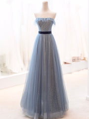 Blue Tulle Long Prom Dress, A-Line Strapless Evening Party Dress
