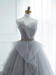 Gray Strapless Tulle Lace Long Prom Dress, A-Line Evening Party Dress
