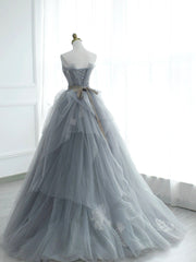 Gray Strapless Tulle Lace Long Prom Dress, A-Line Evening Party Dress
