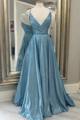 Blue V-Neck Long Prom Dresses, A-Line Blue Evening Dresses