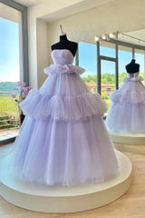 Purple Strapless Tulle Long Ball Gown, A-Line Formal Sweet 16 Dress