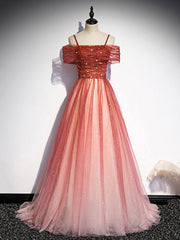 Burgundy Tulle Long Prom Dress, A-Line Off Shoulder Evening Dress