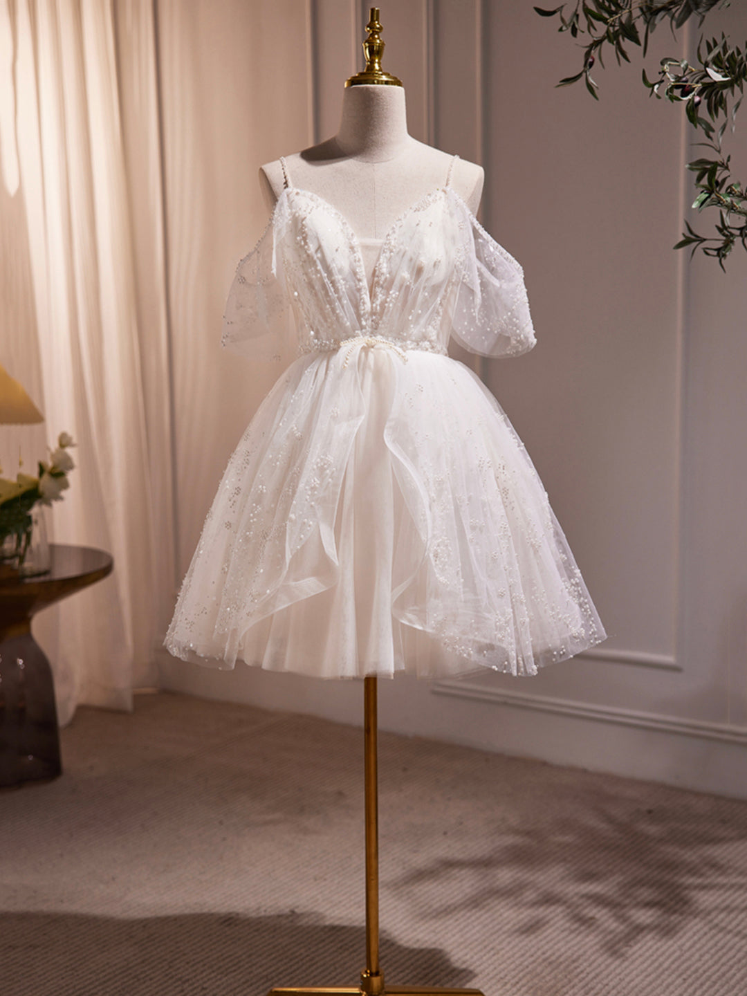 Ivory V-Neck Beaded Straps Party Dress, Ivory Knee Length Prom Dress