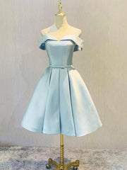 Simple Short Light Blue Satin Party Dress, Blue A-Line Off the Shoulder Evening Dress