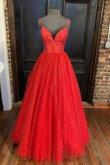 Red Tulle Beading Long Prom Dresses, A-Line Evening Party Dresses