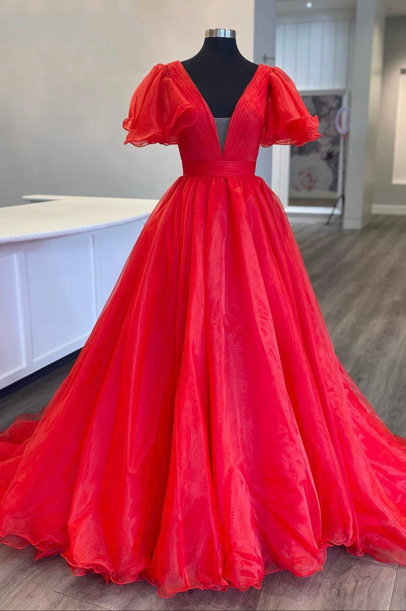 Red Organza Long A-Line Prom Dress, Beautiful V-Neck Evening Dress