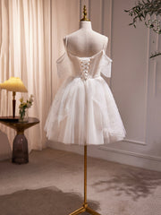 Ivory V-Neck Beaded Straps Party Dress, Ivory Knee Length Prom Dress