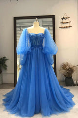 Blue Tulle Long Prom Dresses, A-Line Long Sleeve Evening Dresses